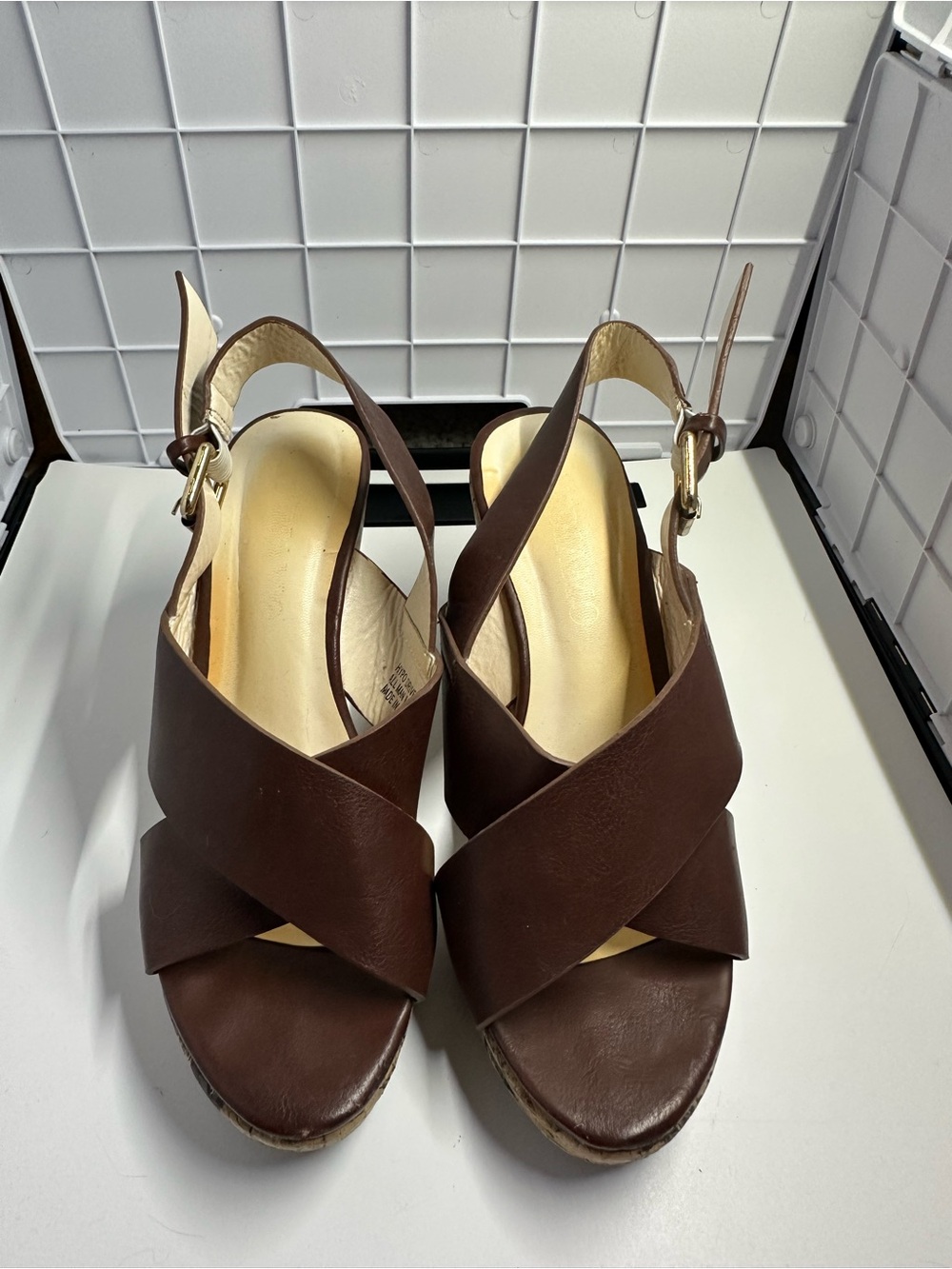 Brown Crisscross Slingback Wedge Sandals